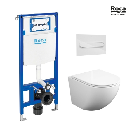 BASTIDOR ROCA DUPLO PACK CISTERNA EMPOTRADA Y PULSADOR PL1 BL BR CON INODORO SUSPENDIDO ROUND SMART BL BR TOR 3 CON ASIENTO FINO