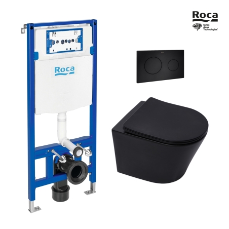 BASTIDOR ROCA DUPLO PACK CISTERNA EMPOTRADA Y PULSADOR PL10 NEG M CON INODORO SUSPENDIDO RIM-EX INFINITIO NEGRO MAT 48cm DE SAT