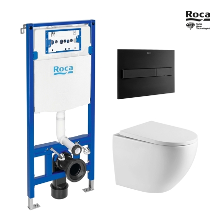 BASTIDOR ROCA DUPLO CON CISTERNA EMPOTRADA, PULSADOR NEGRO MATE, INODORO SUSPENDIDO TORNADO 67 SISTEMA VORTEX BLANCO DE SAT