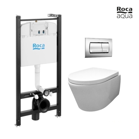 BASTIDOR ROCA ACTIVE PACK CISTERNA EMPOTRADA Y PULSADOR CROMO BRILLO CON INODORO SUSPENDIDO Rim-ex Avangard blanco br AQUA