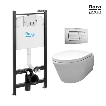 BASTIDOR ROCA ACTIVE PACK CISTERNA EMPOTRADA Y PULSADOR CROMO MATE CON INODORO SUSPENDIDO Rim-ex Avangard blanco br AQUA