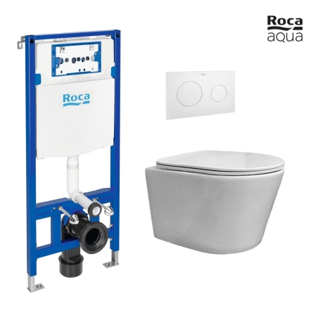BASTIDOR ROCA DUPLO PACK CISTERNA EMPOTRADA Y PULSADOR PL10 BLANCO MATE CON INODORO SUSPENDIDO RIMLESS OASIS BLANCO BRILLO 48CM