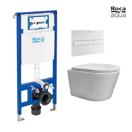 BASTIDOR ROCA DUPLO PACK CISTERNA EMPOTRADA Y PULSADOR PL7 BLANCO MATE CON INODORO SUSPENDIDO RIMLESS OASIS BLANCO BRILLO 48CM