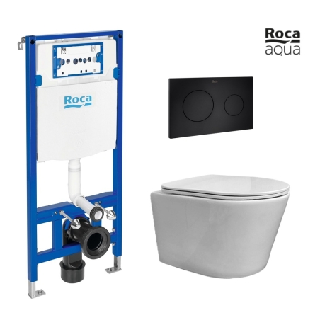 BASTIDOR ROCA DUPLO PACK CISTERNA EMPOTRADA Y PULSADOR PL10 NEGRO MAT CON INODORO SUSPENDIDO RIMLESS OASIS BLANCO BRILLO 48CM