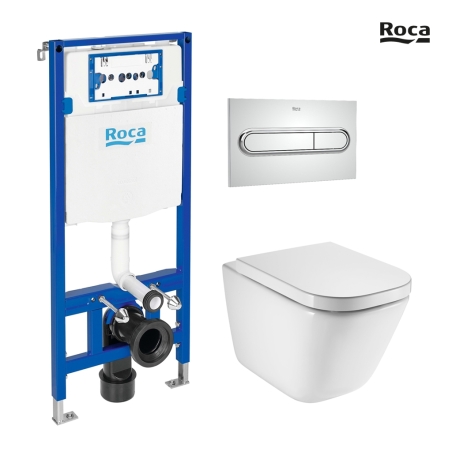 BASTIDOR ROCA DUPLO CON CISTERNA EMPOTRADA, PULSADOR PL1 CROMO BR CON INODORO SUSPENDIDO ROCA THE GAP BL BR CON SISTEMA RIMLESS