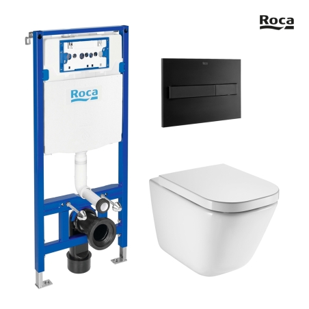 BASTIDOR ROCA DUPLO PACK CISTERNA EMPOTRADA Y PULSADOR PL7 NEG MAT CON INODORO SUSPENDIDO ROCA THE GAP BL BR CON SISTEMA RIMLESS