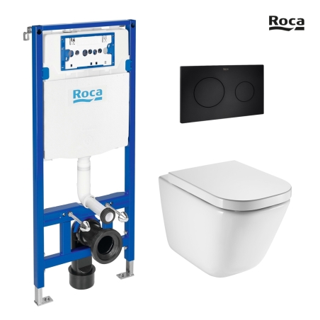 BASTIDOR ROCA DUPLO CON CISTERNA EMPOTRADA Y PULSADOR PL10 NEG MAT CON INODORO SUSPENDIDO ROCA THE GAP BL BR CON SISTEMA RIMLESS