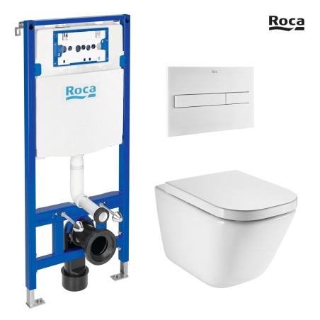 BASTIDOR ROCA DUPLO CON CISTERNA EMPOTRADA Y PULSADOR PL7 BL MAT CON INODORO SUSPENDIDO ROCA THE GAP BL BR CON SISTEMA RIMLESS