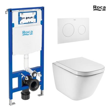 BASTIDOR ROCA DUPLO CON CISTERNA EMPOTRADA Y PULSADOR PL10 BL MAT CON INODORO SUSPENDIDO ROCA THE GAP BL BR CON SISTEMA RIMLESS