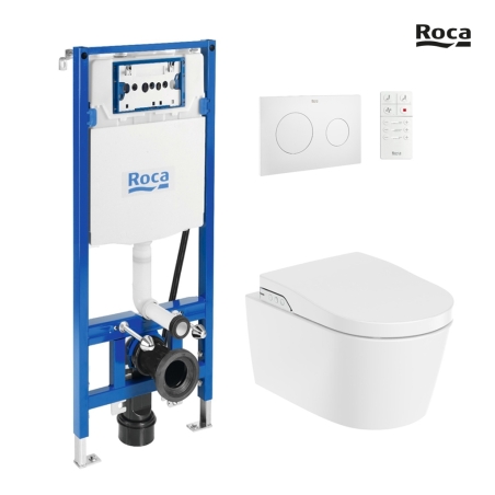 BASTIDOR ROCA DUPLO SMART PACK CISTERNA EMPOTRADA Y PULSADOR PL10 BL MAT CON INODORO SUSPENDIDO RIMLESS IN-WASH INSPIRA ROUND