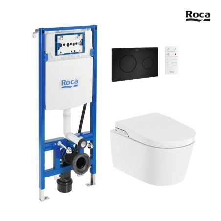 BASTIDOR ROCA DUPLO SMART PACK CISTERNA EMPOTRADA Y PULSADOR PL10 NEGRO MAT CON WC SUSPENDIDO RIMLESS IN-WASH INSPIRA ROUND