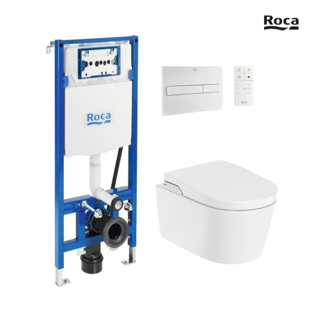 BASTIDOR ROCA DUPLO SMART PACK CISTERNA EMPOTRADA Y PULSADOR PL7 BL MAT CON INODORO SUSPENDIDO RIMLESS IN-WASH INSPIRA ROUND