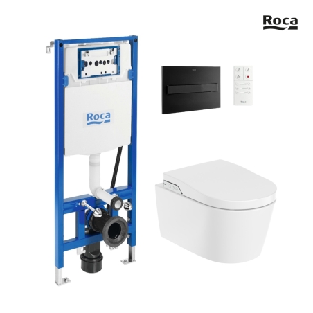 BASTIDOR ROCA DUPLO SMART PACK CISTERNA EMPOTRADA Y PULSADOR PL7 NEGRO MAT CON INODORO SUSPENDIDO RIMLESS IN-WASH INSPIRA ROUND