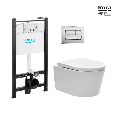 Bastidor ROCA Active pack cisterna empotrada y pulsador PVC cromo mate con inodoro suspendido Rim-ex Brevis blanco br de SAT