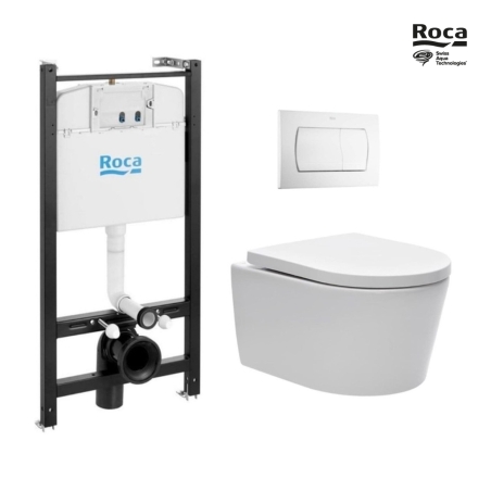 Bastidor ROCA Active pack cisterna empotrada y pulsador PVC blanco brillo con inodoro suspendido Rim-ex Brevis blanco br de SAT