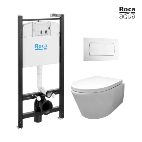BASTIDOR ROCA ACTIVE PACK CISTERNA EMPOTRADA Y PULSADOR BLANCO BRILLO CON INODORO SUSPENDIDO Rimless Croma blanco br AQUA