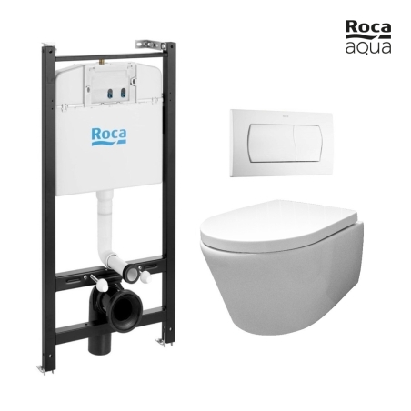 BASTIDOR ROCA ACTIVE PACK CISTERNA EMPOTRADA Y PULSADOR BLANCO BRILLO CON INODORO SUSPENDIDO Rim-ex Avangard blanco br AQUA