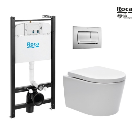 Bastidor ROCA Active pack cisterna empotrada y pulsador Cromo brillo con inodoro suspendido Rim-ex Brevis de SAT blanco br