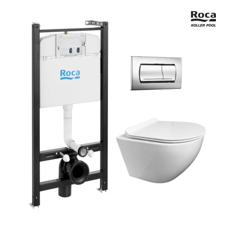 Bastidor ROCA Active pack cisterna empotrada y pulsador Cromo br con inodoro suspendido ROUND Tornado 3.0 de KP blanco Tapa Fina