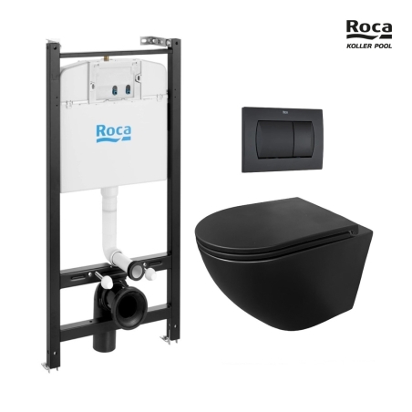 Bastidor ROCA Active pack cisterna empotrada y pulsador Negro Mate con inodoro suspendido ROUND Tornado 3.0 de KP