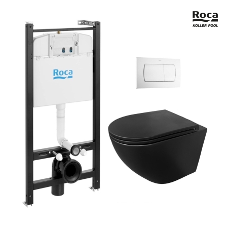 Bastidor ROCA Active pack cisterna empotrada y pulsador Blanco brillo con inodoro suspendido ROUND Tornado 3.0 de KP Negro