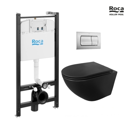 Bastidor ROCA Active pack cisterna empotrada y pulsador Cromo mate con inodoro suspendido ROUND Tornado 3.0 de KP Negro