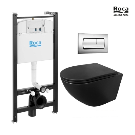 ROCA Active pack cisterna empotrada y pulsador Cromo brillo con inodoro suspendido ROUND Tornado 3.0 de KP Negro