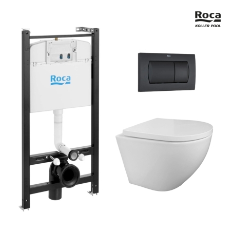 Bastidor ROCA Active pack cisterna empotrada y pulsador Negro Mate con inodoro suspendido ROUND Tornado 3.0 de KP blanco