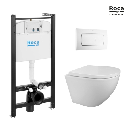 Bastidor ROCA Active pack cisterna empotrada y pulsador Blanco brillo con inodoro suspendido ROUND Tornado 3.0 de KP blanco