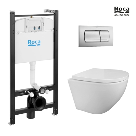 Bastidor ROCA Active pack cisterna empotrada y pulsador Cromo mate con inodoro suspendido ROUND Tornado 3.0 de KP blanco