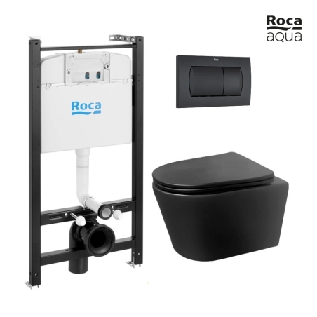 BASTIDOR ROCA ACTIVE PACK CISTERNA EMPOTRADA Y PULSADOR NEGRO MATE CON INODORO SUSPENDIDO Rimless Eclipse Negro de AQUA