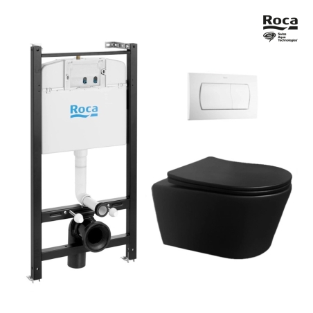 BASTIDOR ROCA ACTIVE PACK CISTERNA EMPOTRADA Y PULSADOR BLANCO BRILLO CON INODORO SUSPENDIDO Rim-ex Brevis Negro de SAT