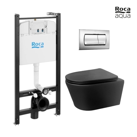 BASTIDOR ROCA ACTIVE PACK CISTERNA EMPOTRADA Y PULSADOR CROMO BRILLO CON INODORO SUSPENDIDO Rimless Eclipse Negro Mat de AQUA