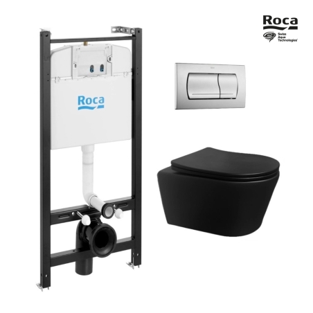BASTIDOR ROCA ACTIVE PACK CISTERNA EMPOTRADA Y PULSADOR CROMO MATE CON INODORO SUSPENDIDO Rim-ex Brevis Negro de SAT