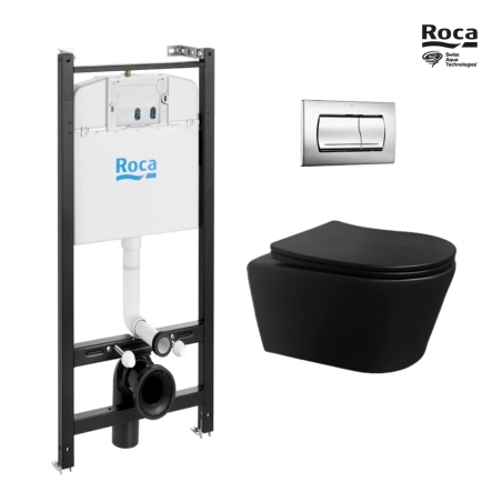 BASTIDOR ROCA ACTIVE PACK CISTERNA EMPOTRADA Y PULSADOR CROMO BRILLO CON INODORO SUSPENDIDO Rim-ex Brevis Negro de SAT