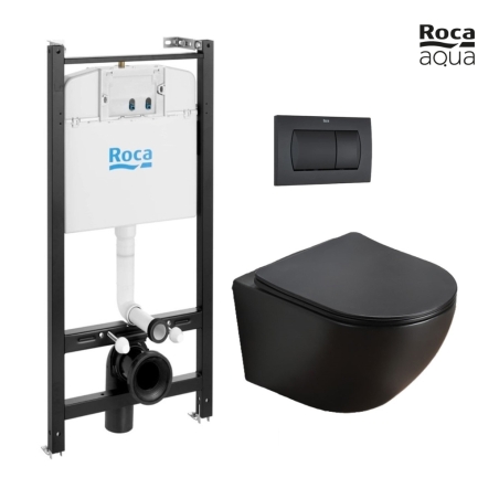 BASTIDOR ROCA ACTIVE PACK CISTERNA EMPOTRADA Y PULSADOR NEGRO MATE CON INODORO SUSPENDIDO KALIOPA NEGRO MAT 49cm AQUA