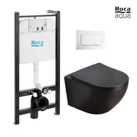BASTIDOR ROCA ACTIVE PACK CISTERNA EMPOTRADA Y PULSADOR BLANCO BRILLO CON INODORO SUSPENDIDO KALIOPA NEGRO MAT 49cm AQUA