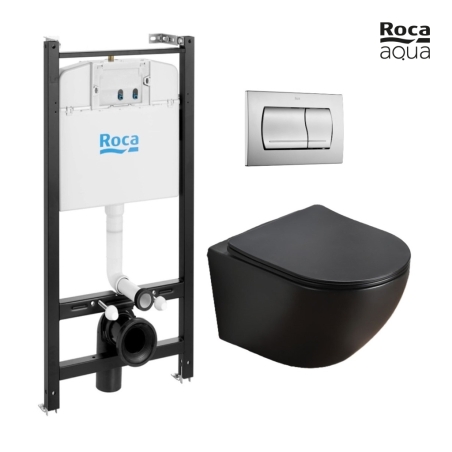 BASTIDOR ROCA ACTIVE PACK CISTERNA EMPOTRADA Y PULSADOR CROMO MATE CON INODORO SUSPENDIDO KALIOPA NEGRO MAT 49cm AQUA