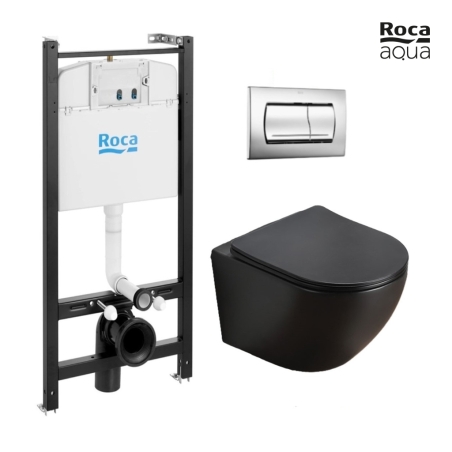 BASTIDOR ROCA ACTIVE PACK CISTERNA EMPOTRADA Y PULSADOR CROMO BRILLO CON INODORO SUSPENDIDO KALIOPA NEGRO MAT 49cm AQUA