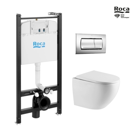 BASTIDOR ROCA ACTIVE CON CISTERNA EMPOTRADA, PULSADOR CROMO BRILLO, INODORO SUSPENDIDO TORNADO 67 SISTEMA VORTEX BLANCO DE SAT
