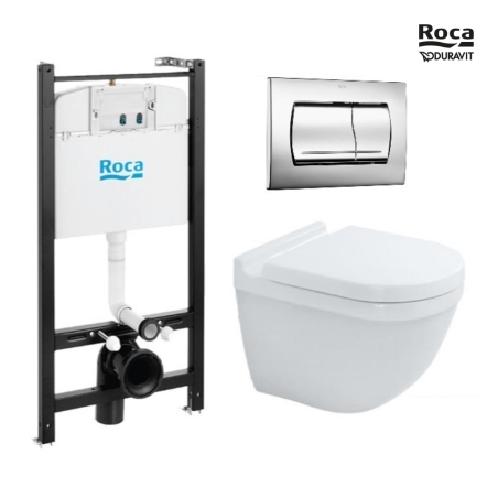 Bastidor ROCA Active cisterna empotrada y pulsador plástico Cromo Brillo con Inodoro suspendido Rim-ex Duravit Cromo Brillo
