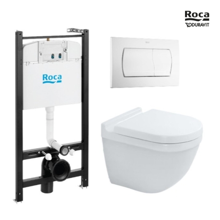 Bastidor ROCA Active cisterna empotrada y pulsador plastico Blanco Brillo con Inodoro suspendido Rim-ex Duravit Blanco Brillo