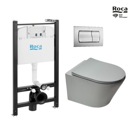 Bastidor ROCA Active pack cisterna empotrada y pulsador PVC cromo mate con inodoro suspendido Rim-ex Infinitio gris mate de SAT