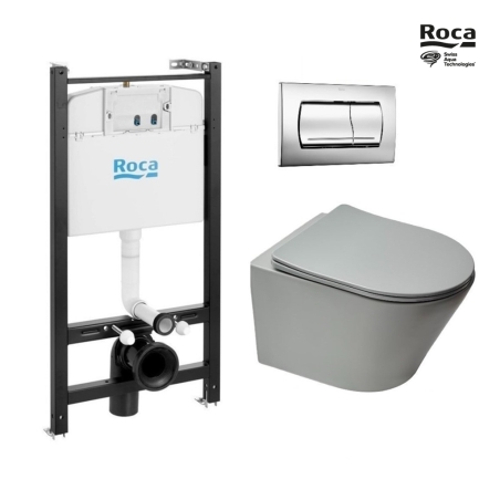 Bastidor ROCA Active pack cisterna empotrada y pulsador PVC cromo bri con inodoro suspendido Rim-ex Infinitio gris mate de SAT