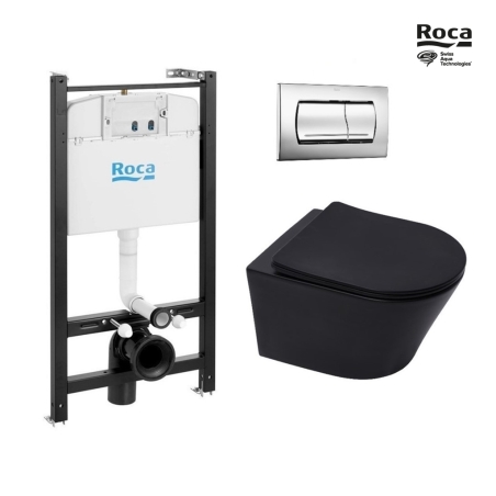 Bastidor ROCA Active pack cisterna empotrada y pulsador PVC cromo brillo con inodoro suspendido Rim-ex Infinitio negro mate