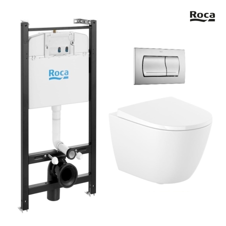Bastidor ROCA Active pack cisterna empotrada y pulsador PVC cromo mate con inodoro suspendido Rim-ex ROCA Ona blanco