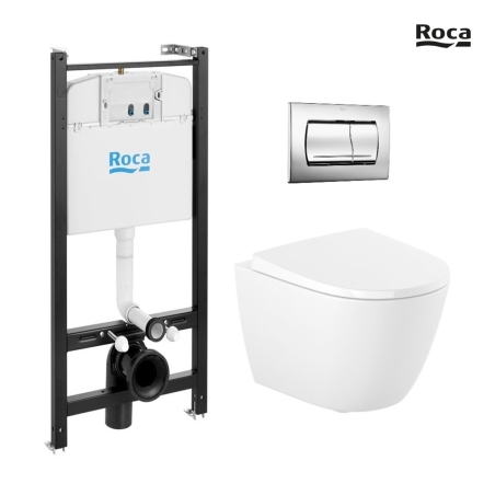 Bastidor ROCA Active pack cisterna empotrada y pulsador PVC cromo brillo con inodoro suspendido Rim-ex ROCA ONA blanco