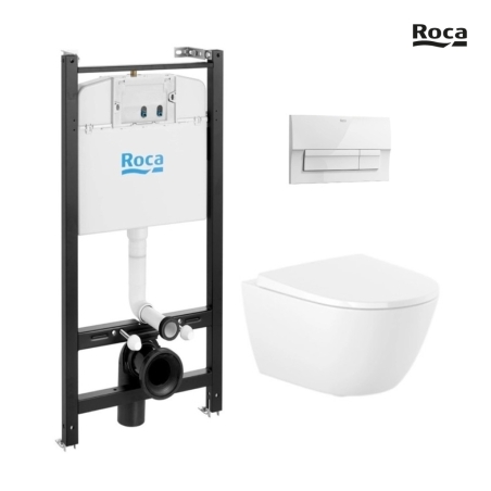 BASTIDOR ROCA ACTIVE PACK CISTERNA EMPOTRADA Y PULSADOR BLANCO BRILLANTE NEW CON INODORO SUSPENDIDO ROCA ONA asiento Soft Close