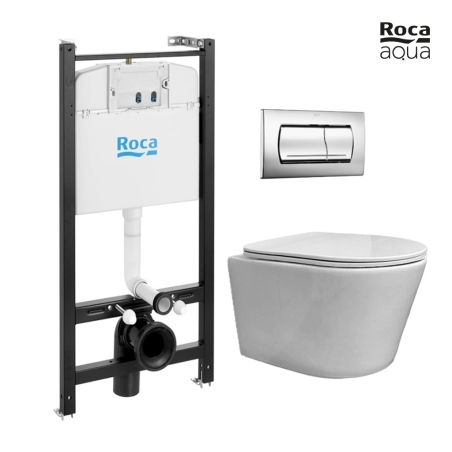 BASTIDOR ROCA ACTIVE PACK CISTERNA EMPOTRADA Y PULSADOR CROMO BR CON INODORO SUSPENDIDO RIMLESS OASIS BLANCO BRILLO 48CM