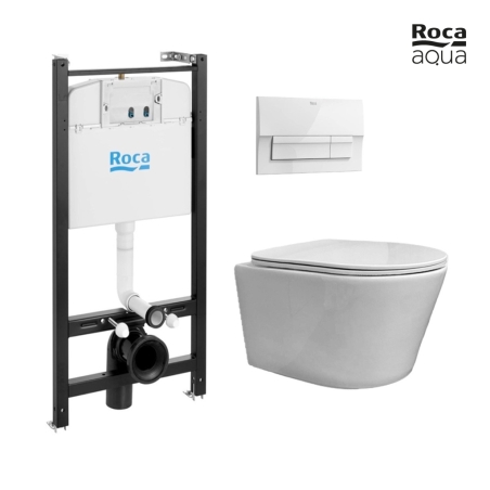 BASTIDOR ROCA ACTIVE PACK CISTERNA EMPOTRADA Y PULSADOR BLANCO BR NEW CON INODORO SUSPENDIDO RIMLESS OASIS BLANCO BRILLO 48CM